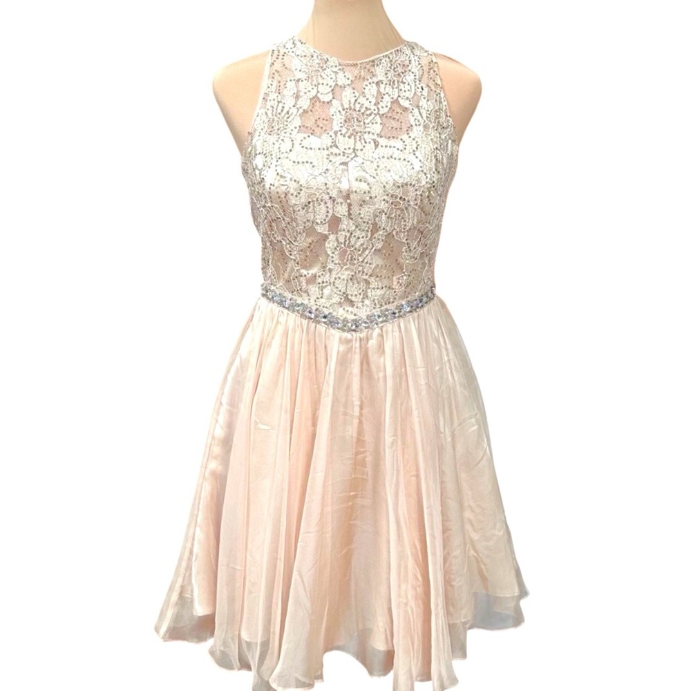 Cindy‎ Champagne Sequin Lace Cocktail Dress Rhinestone Waist Keyhole Back Prom S
